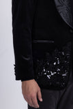 Barabas Men's Rhinestones Velvet Shawl Lapel Floral Blazer 5BL15 Black