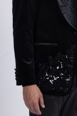 Barabas Wholesale Men's Rhinestones Velvet Shawl Lapel Floral Blazer 5BL15 Black