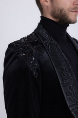 Barabas Men's Rhinestones Velvet Shawl Lapel Floral Blazer 5BL15 Black