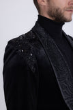 Barabas Wholesale Men's Rhinestones Velvet Shawl Lapel Floral Blazer 5BL15 Black