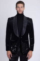 Barabas Men's Rhinestones Velvet Shawl Lapel Floral Blazer 5BL15 Black