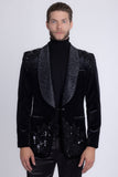 Barabas Men's Rhinestones Velvet Shawl Lapel Floral Blazer 5BL15 Black