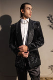 Barabas Wholesale Men's Rhinestones Velvet Shawl Lapel Floral Blazer 5BL15 Black