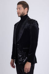 Barabas Wholesale Men's Rhinestones Velvet Shawl Lapel Floral Blazer 5BL15 Black