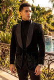 Barabas Men's Rhinestones Velvet Shawl Lapel Floral Blazer 5BL15 Black