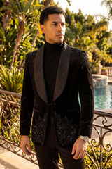 Barabas Wholesale Men's Rhinestones Velvet Shawl Lapel Floral Blazer 5BL15 Black
