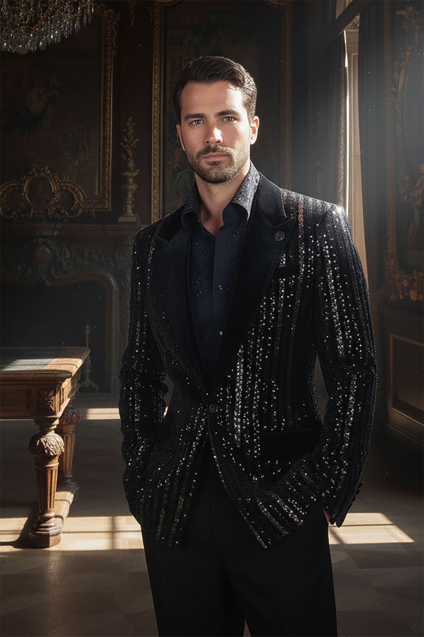 Barabas Wholesale Men's Sequin Geometric Design Peak Lapel Blazer 5BL16 Black