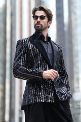 Barabas Wholesale Men's Sequin Geometric Design Peak Lapel Blazer 5BL16 Black