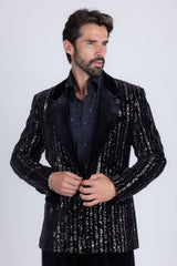 Barabas Wholesale Men's Sequin Geometric Design Peak Lapel Blazer 5BL16 Gun Metal