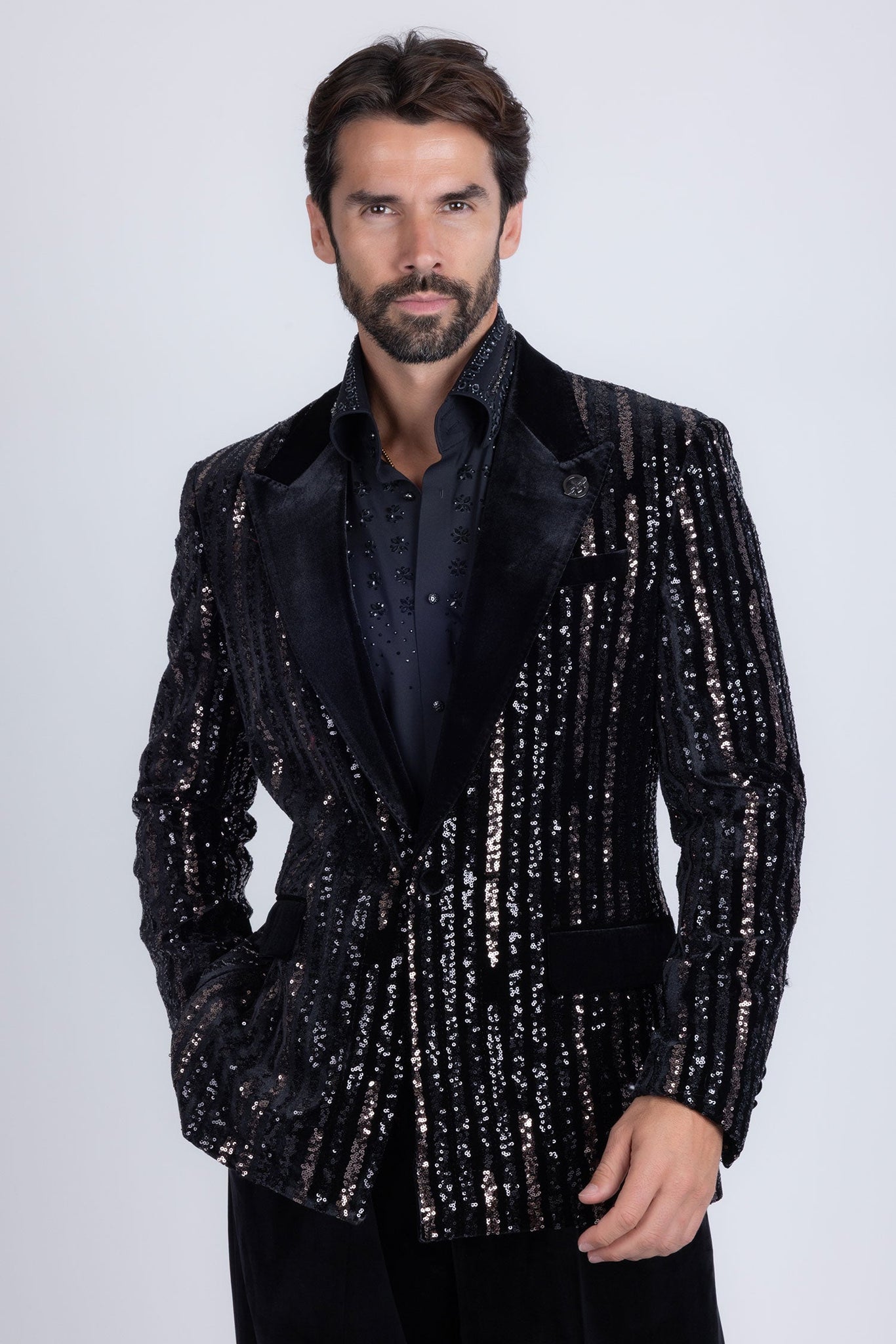 Barabas Wholesale Men's Sequin Geometric Design Peak Lapel Blazer 5BL16 Gun Metal