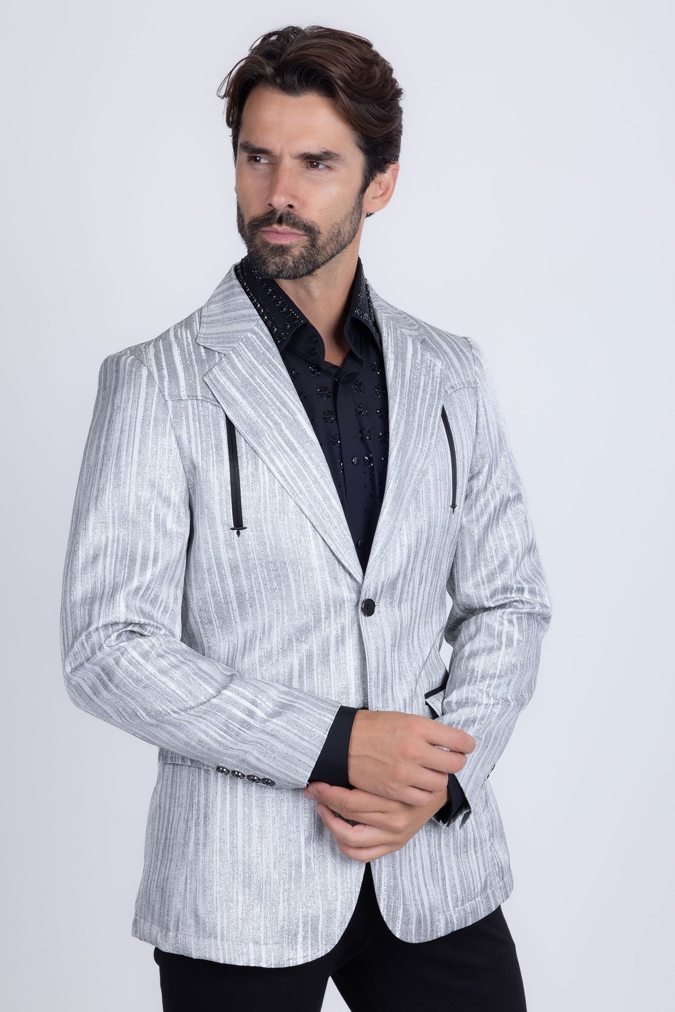 Barabas Wholesale Men's Shiny Geometric Design Notch Lapel Blazer 5BL17 Charcoal