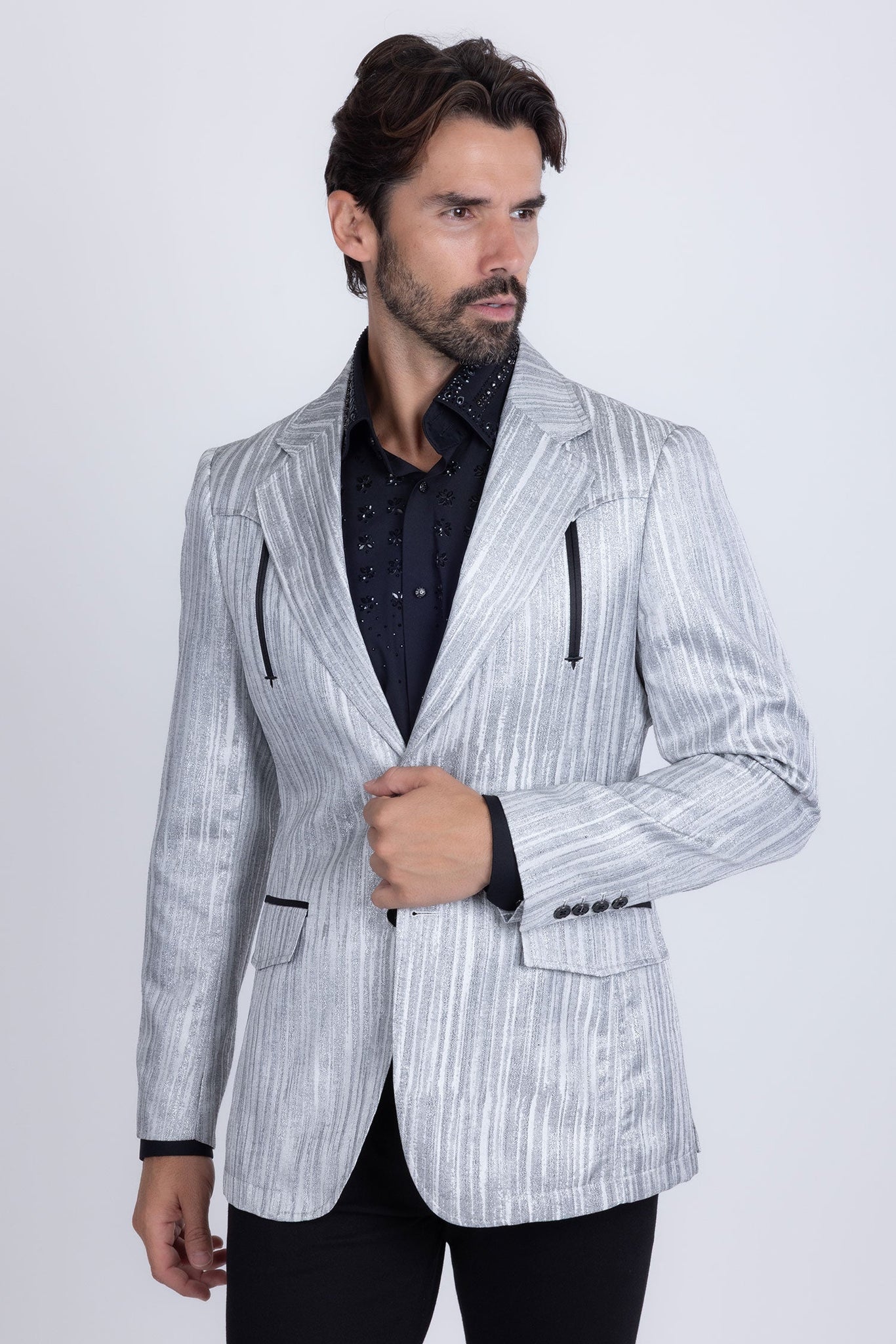 Barabas Wholesale Men's Shiny Geometric Design Notch Lapel Blazer 5BL17 Grey