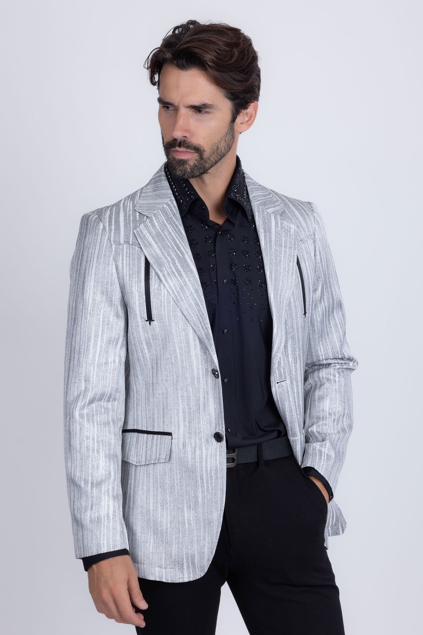 Barabas Wholesale Men's Shiny Geometric Design Notch Lapel Blazer 5BL17 Charcoal