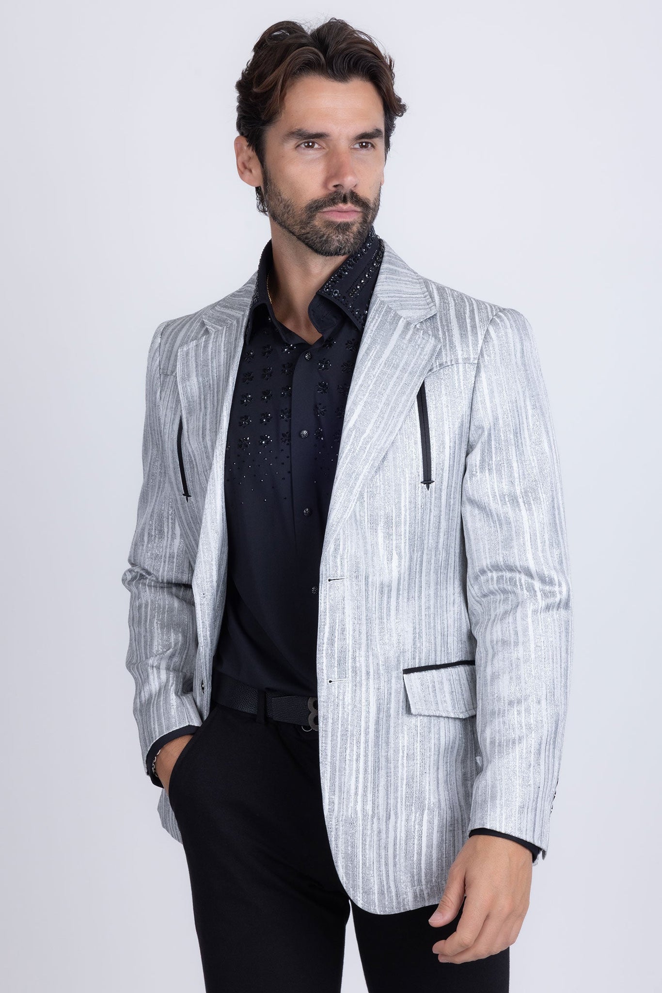 Barabas Wholesale Men's Shiny Geometric Design Notch Lapel Blazer 5BL17 Charcoal