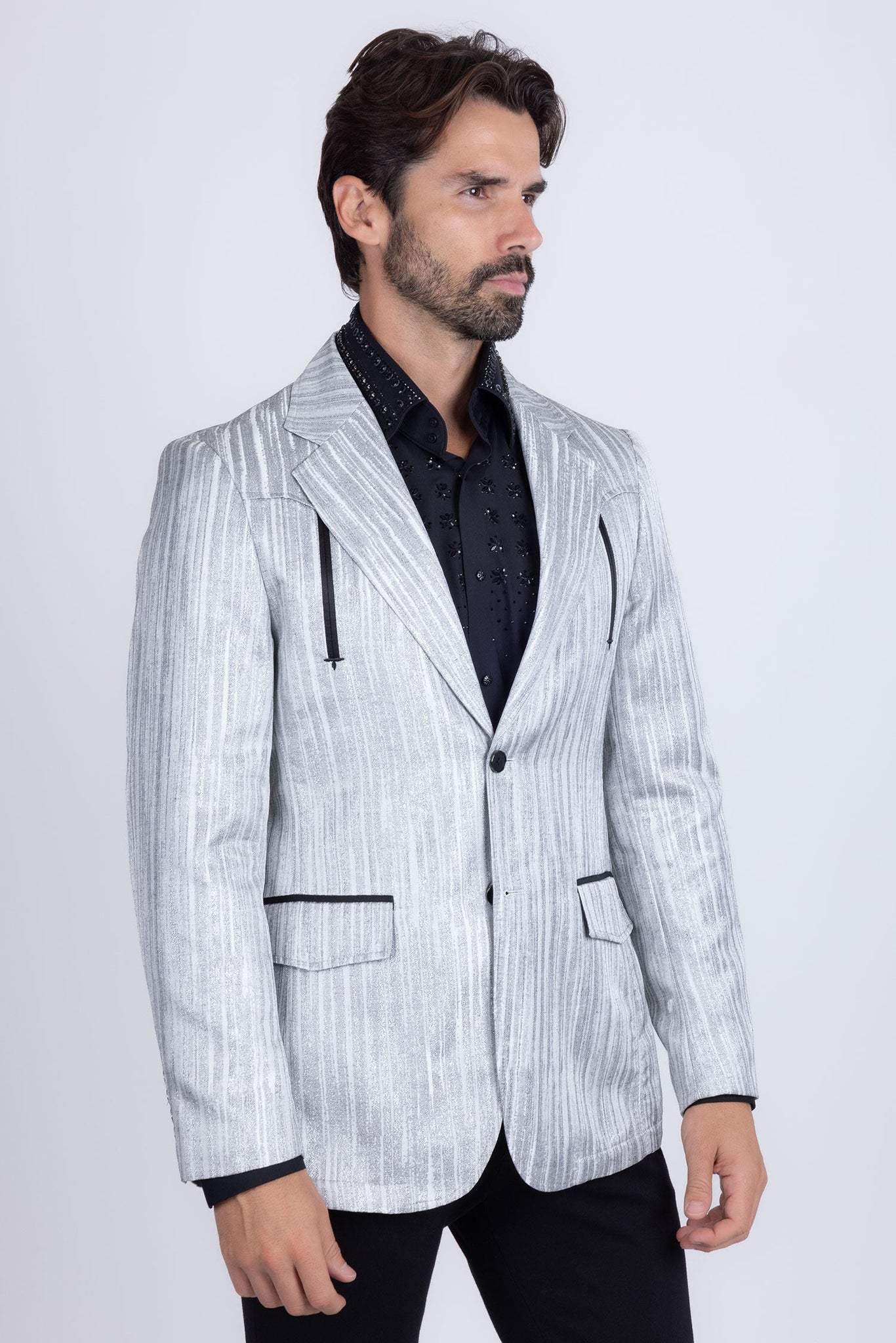Barabas Wholesale Men's Shiny Geometric Design Notch Lapel Blazer 5BL17 Charcoal