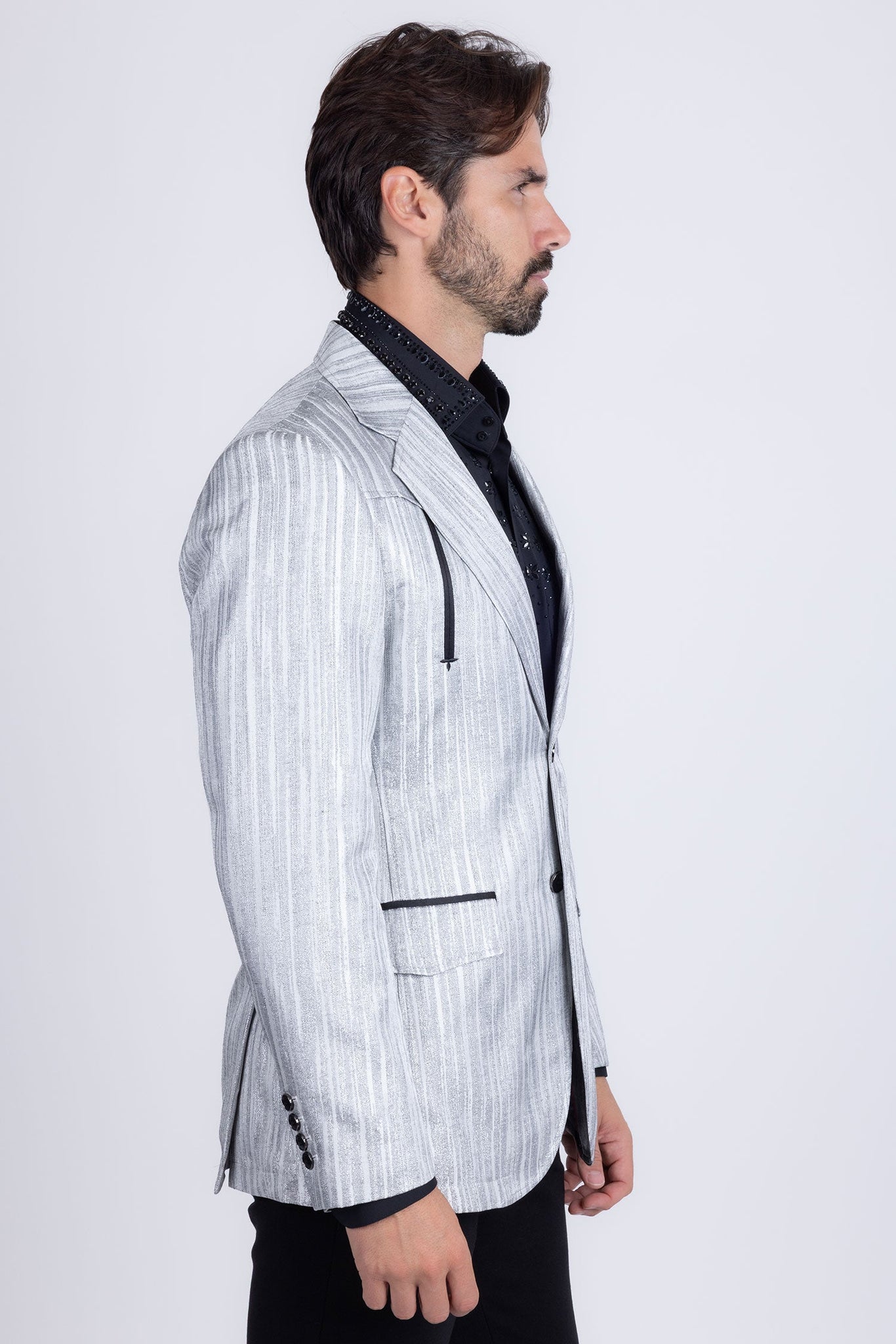 Barabas Wholesale Men's Shiny Geometric Design Notch Lapel Blazer 5BL17 Charcoal
