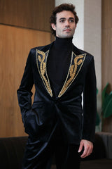 Barabas Wholesale Men's Pearl Geometric Design Peak Lapel Blazer 5BL19 Black Gold