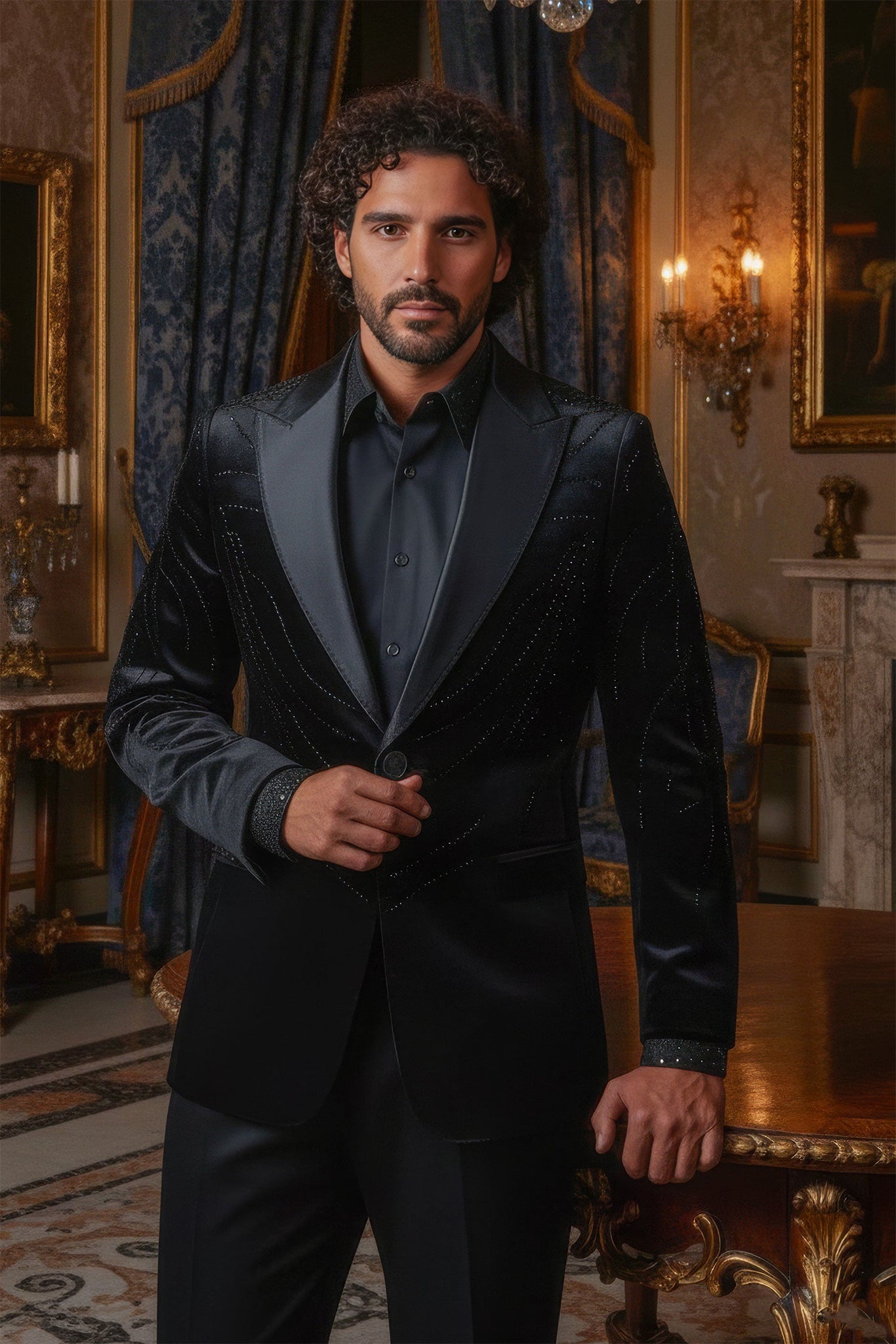 Barabas Wholesale Men's Velvet Rhinestones Design Peak Lapel Blazer 5BL20 Black Silver