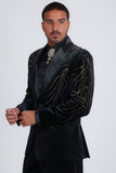 Barabas Wholesale Men's Velvet Rhinestones Design Peak Lapel Blazer 5BL20 Black Gold