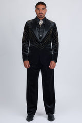 Barabas Wholesale Men's Velvet Rhinestones Design Peak Lapel Blazer 5BL20 Black Gold