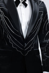 Barabas Wholesale Men's Velvet Rhinestones Design Peak Lapel Blazer 5BL20 Black Silver