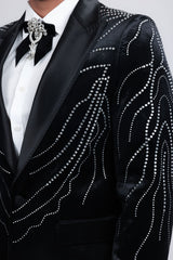 Barabas Wholesale Men's Velvet Rhinestones Design Peak Lapel Blazer 5BL20 Black Silver