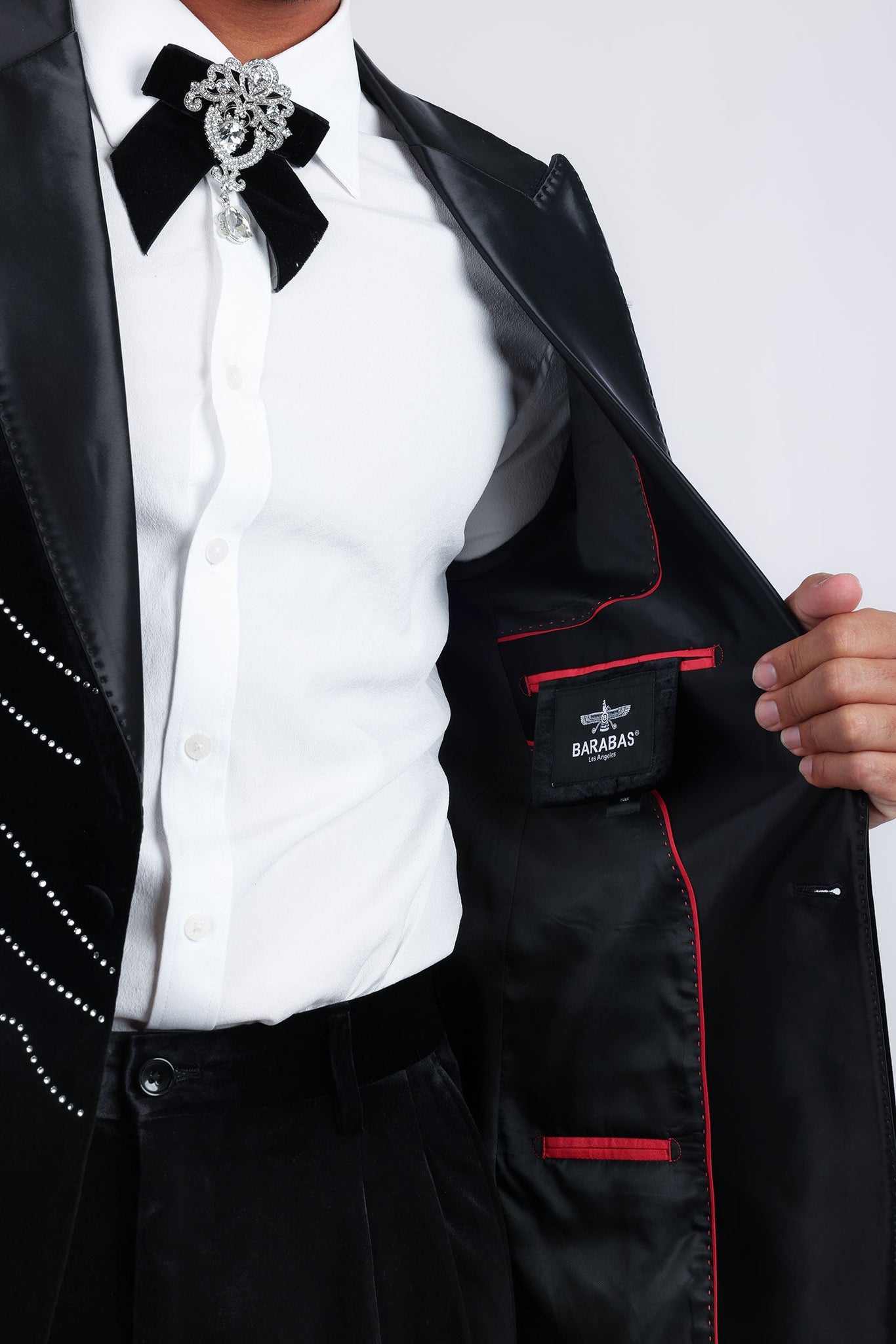 Barabas Wholesale Men's Velvet Rhinestones Design Peak Lapel Blazer 5BL20 Black Silver