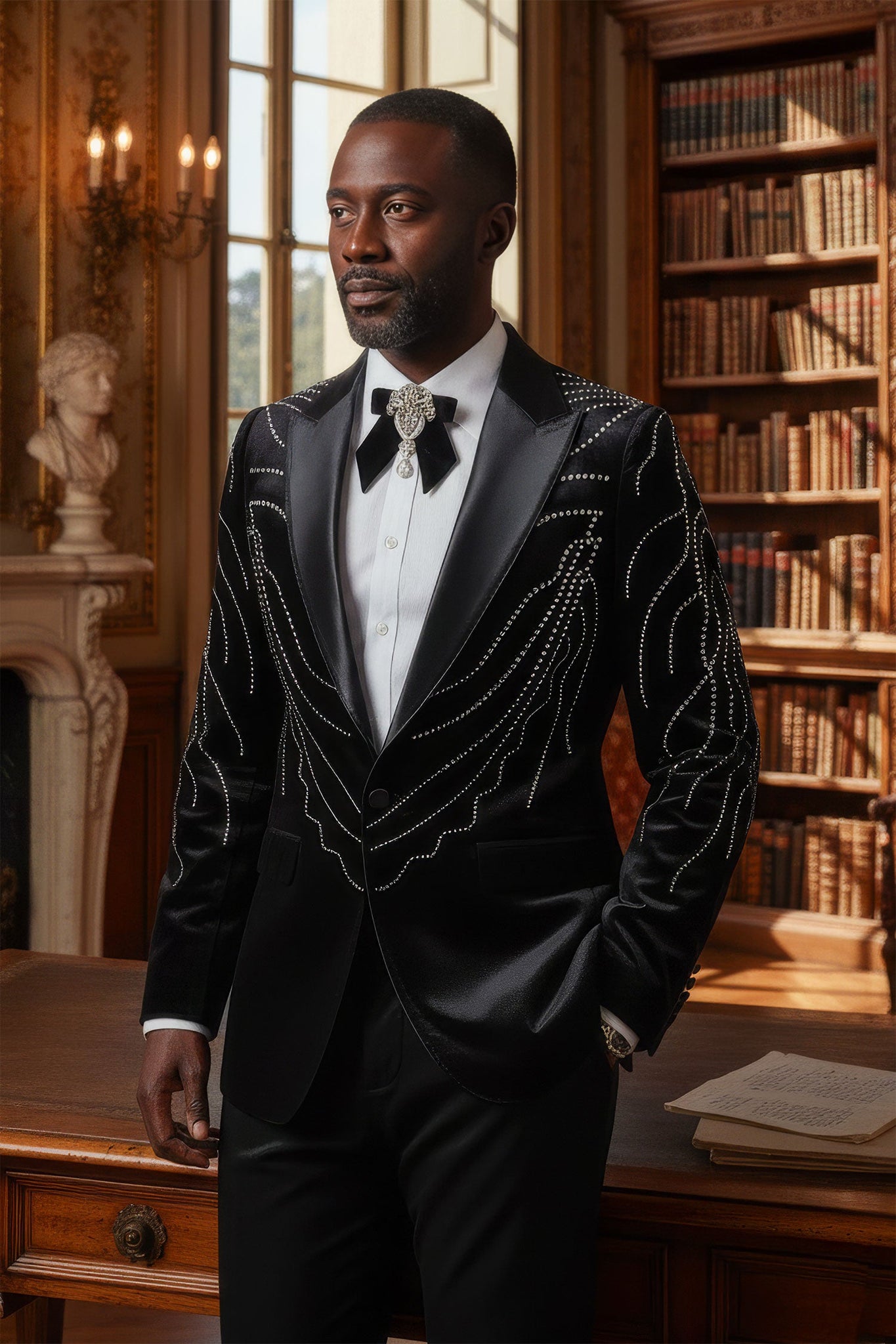 Barabas Wholesale Men's Velvet Rhinestones Design Peak Lapel Blazer 5BL20 Black Silver