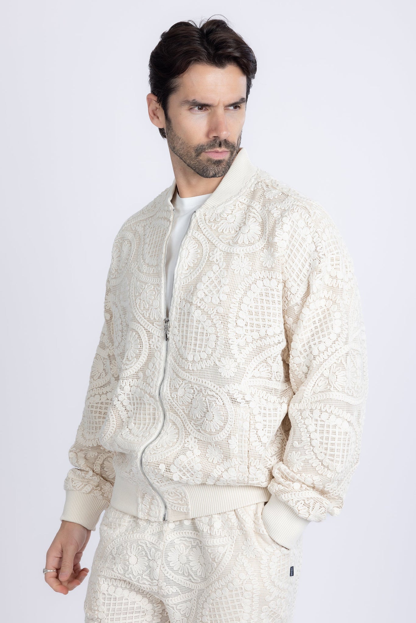 Barabas Wholesale Men's Paisley Geometric Stretch Luxury Bomber Jacket 5BP02 Bone