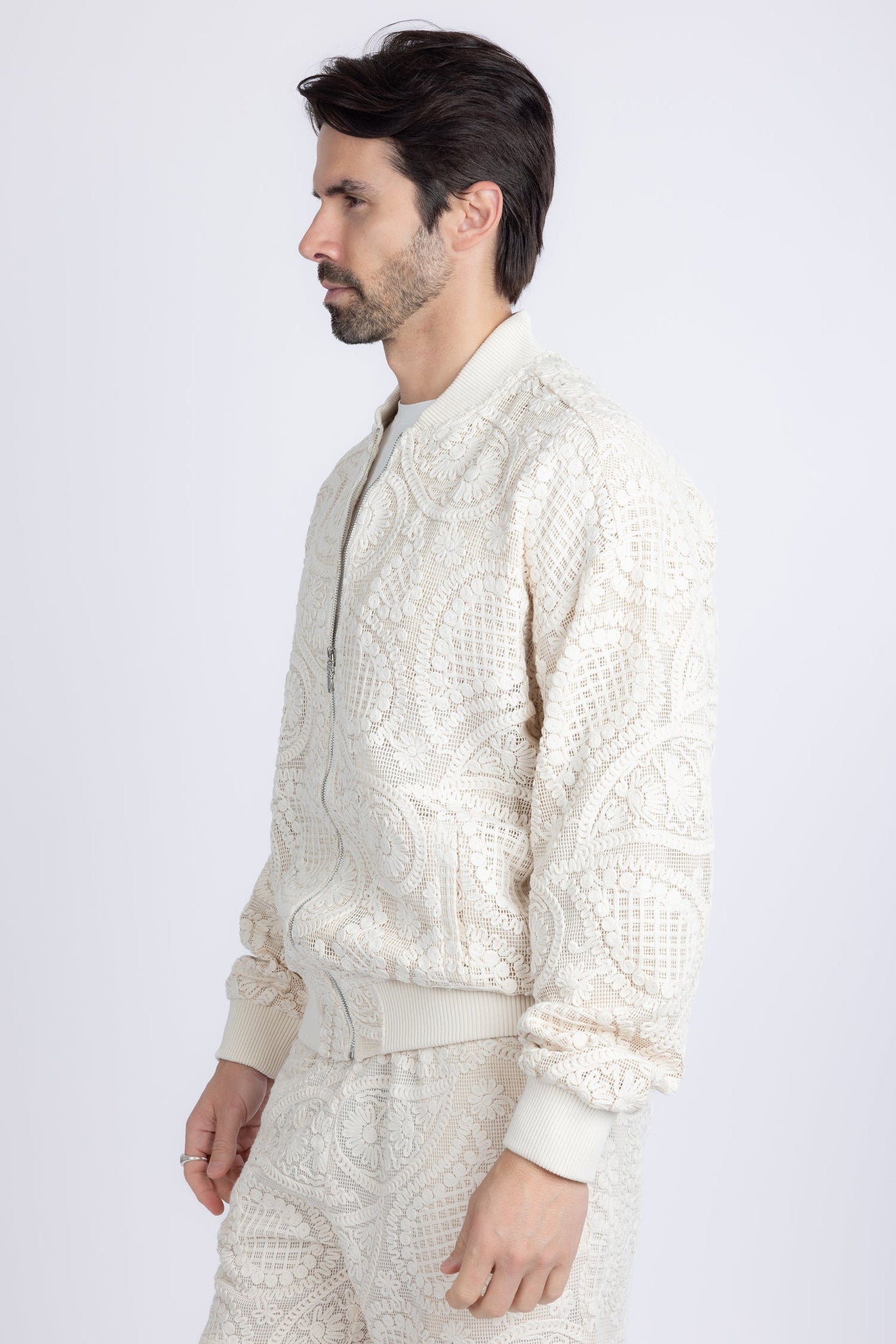 Barabas Wholesale Men's Paisley Geometric Stretch Luxury Bomber Jacket 5BP02 Bone