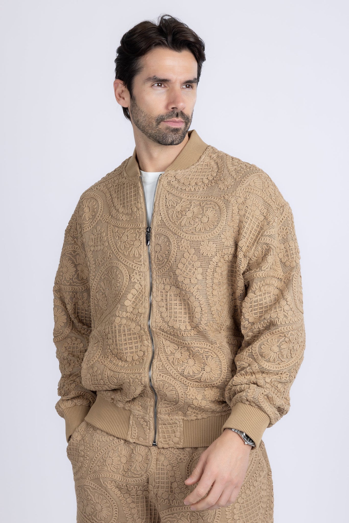 Barabas Wholesale Men's Paisley Geometric Stretch Luxury Bomber Jacket 5BP02 Camel