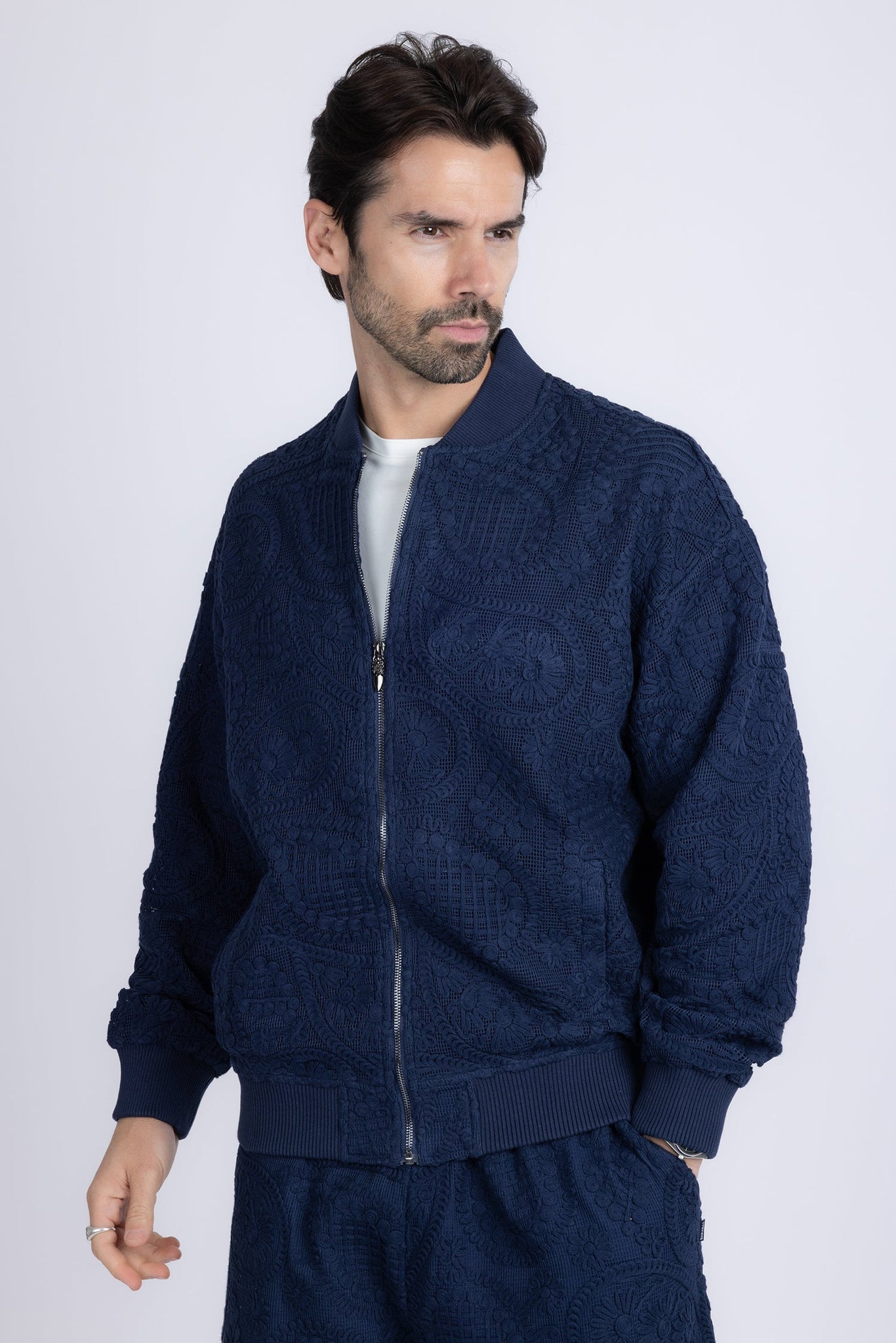 Barabas Wholesale Men's Paisley Geometric Stretch Luxury Bomber Jacket 5BP02 Blue