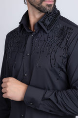 Barabas Wholesale Men's Rhinestones Geometric Stretch Long Sleeve Shirts 5BR03 Black
