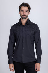 Barabas Wholesale Men's Rhinestones Geometric Stretch Long Sleeve Shirts 5BR03 Black