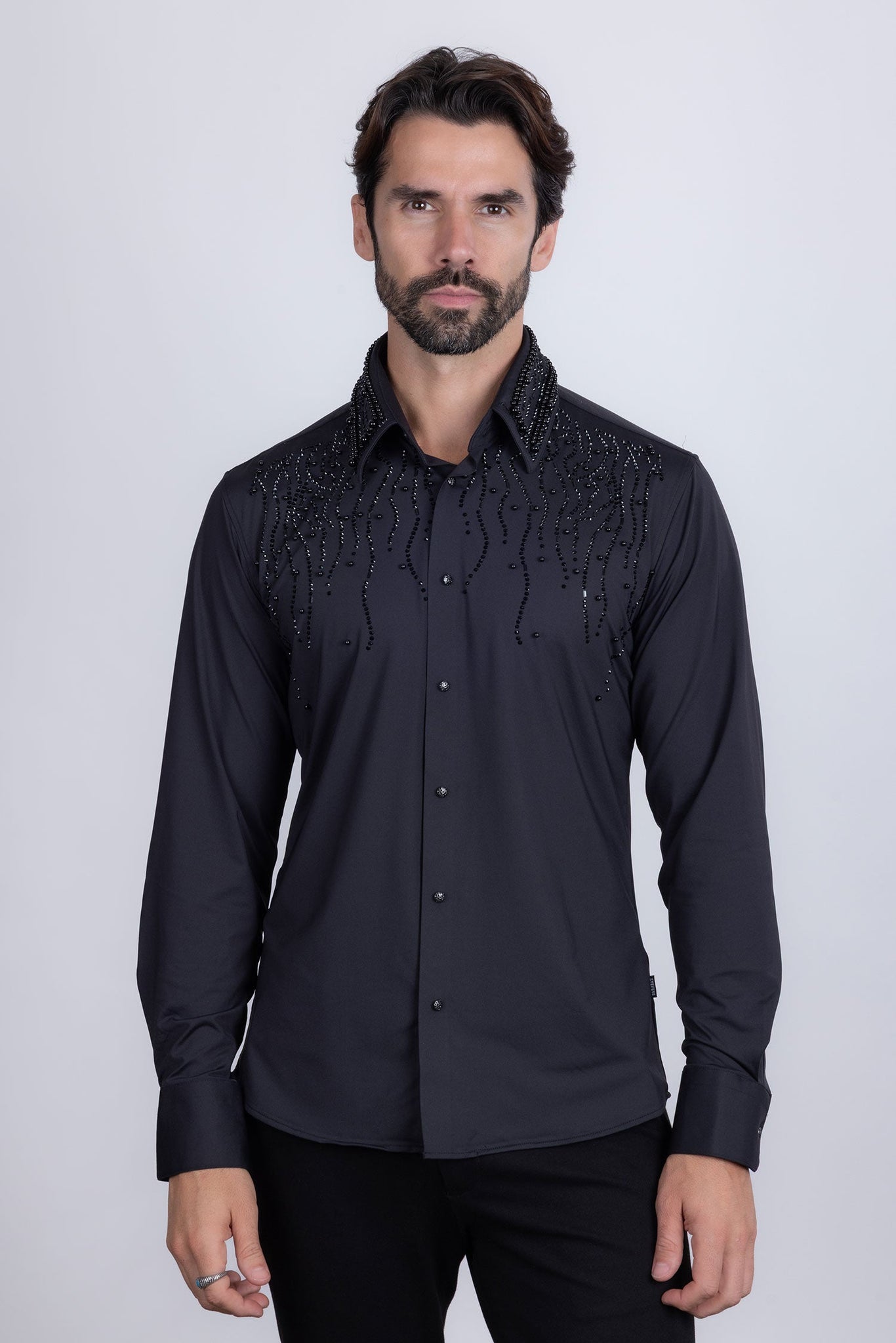 Barabas Wholesale Men's Rhinestones Geometric Stretch Long Sleeve Shirts 5BR03 Black