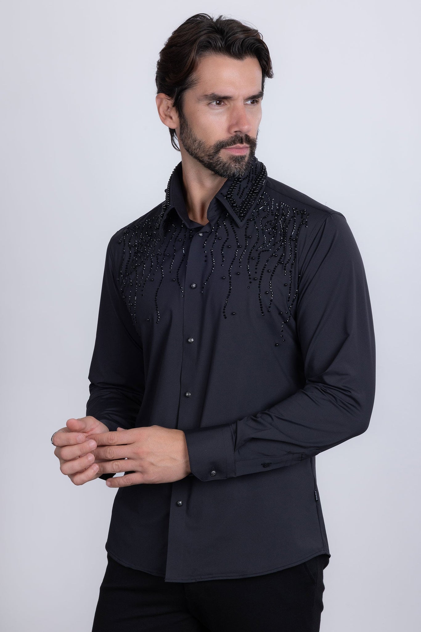 Barabas Wholesale Men's Rhinestones Geometric Stretch Long Sleeve Shirts 5BR03 Black