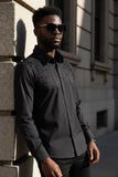 Barabas Wholesale Men's Rhinestones Geometric Stretch Long Sleeve Shirts 5BR03 Black