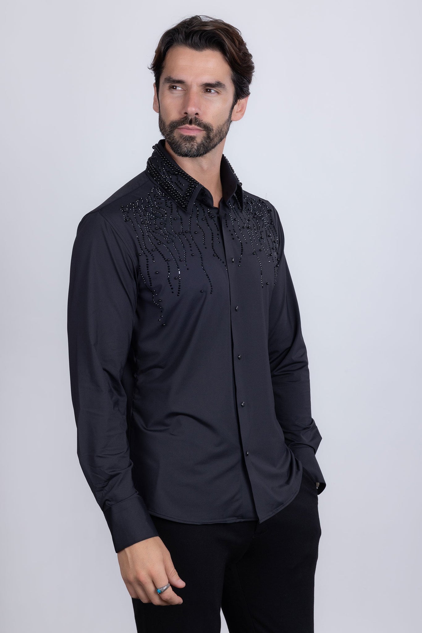 Barabas Wholesale Men's Rhinestones Geometric Stretch Long Sleeve Shirts 5BR03 Black