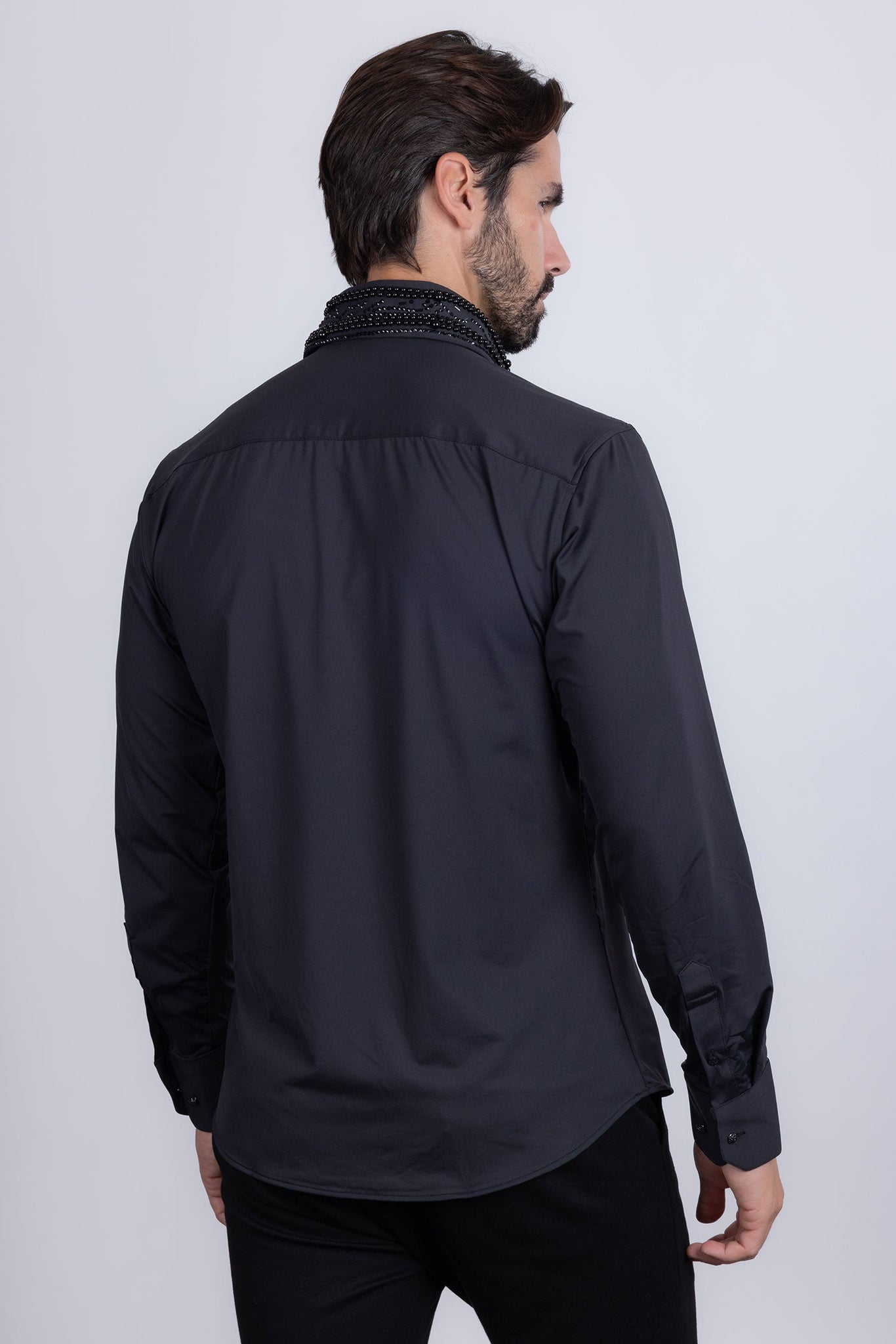 Barabas Wholesale Men's Rhinestones Geometric Stretch Long Sleeve Shirts 5BR03 Black