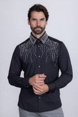Barabas Wholesale Men's Rhinestones Geometric Stretch Long Sleeve Shirts 5BR03 Black Silver