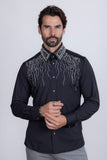 Barabas Wholesale Men's Rhinestones Geometric Stretch Long Sleeve Shirts 5BR03 Black Silver