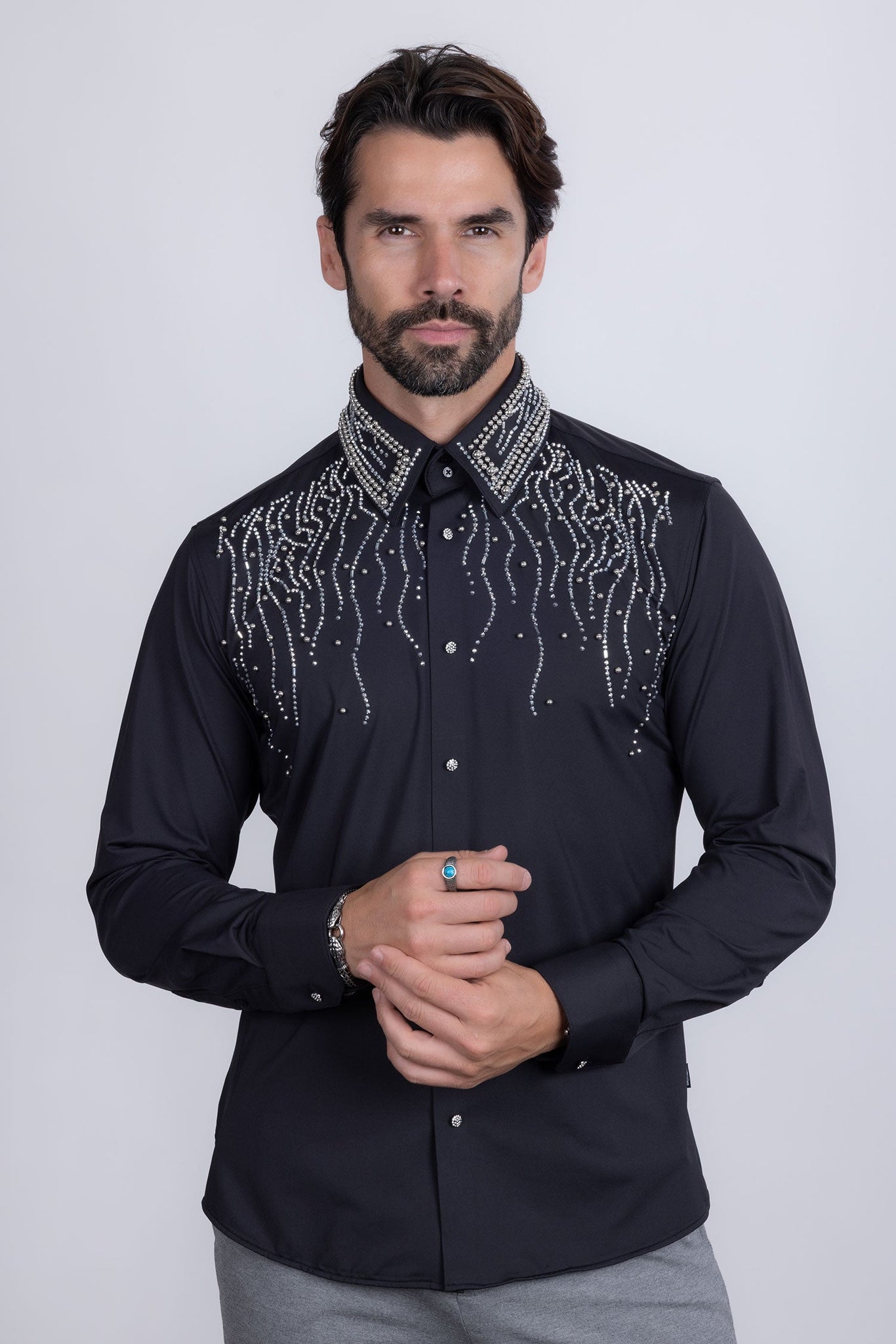 Barabas Wholesale Men's Rhinestones Geometric Stretch Long Sleeve Shirts 5BR03 Black Silver