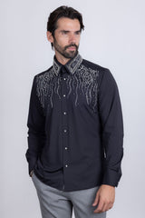Barabas Wholesale Men's Rhinestones Geometric Stretch Long Sleeve Shirts 5BR03 Black Silver