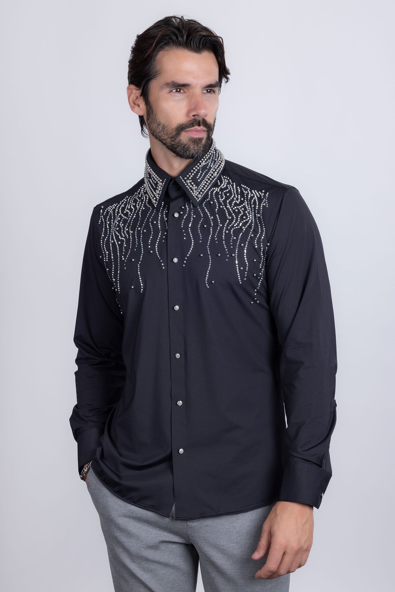 Barabas Wholesale Men's Rhinestones Geometric Stretch Long Sleeve Shirts 5BR03 Black Silver