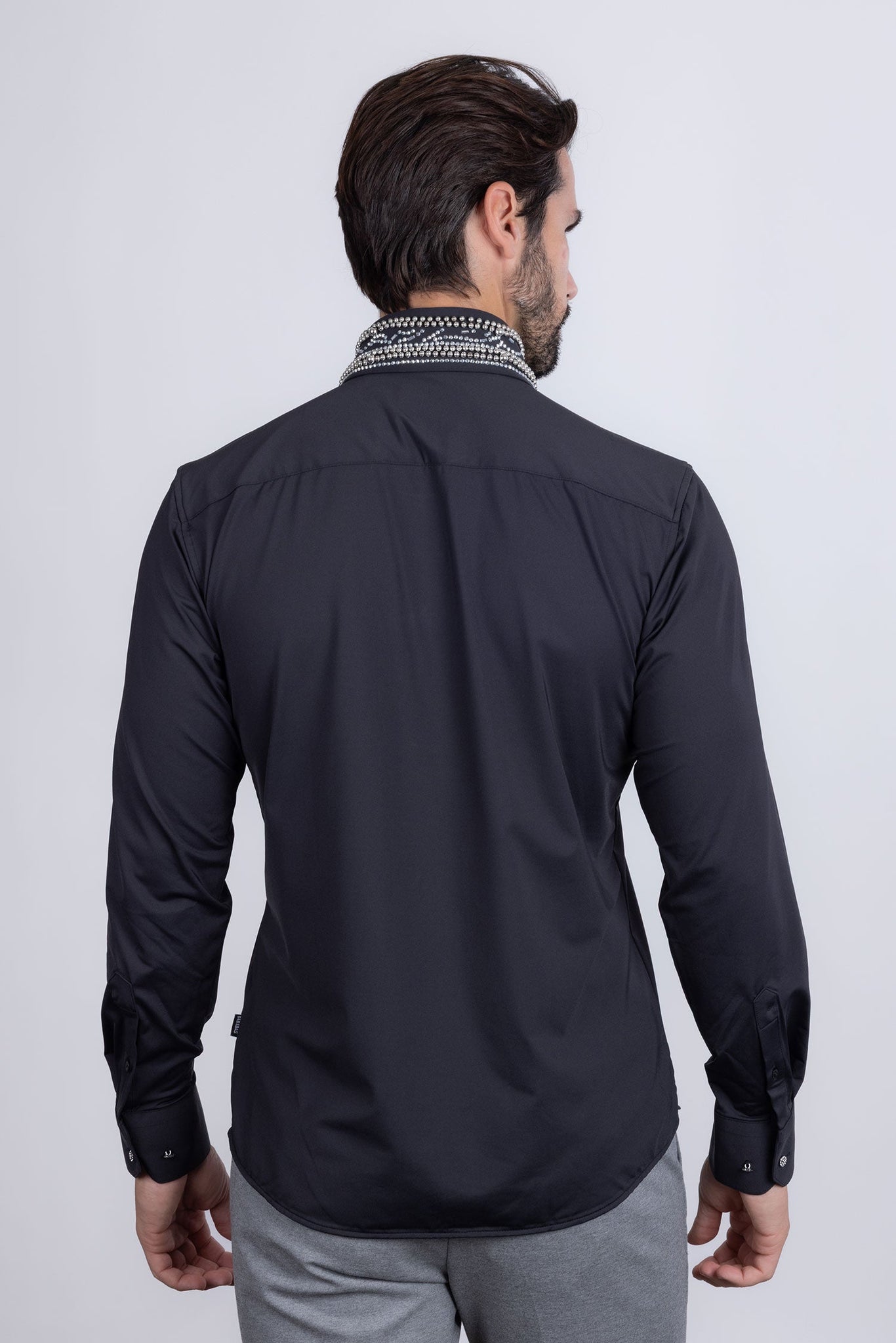 Barabas Wholesale Men's Rhinestones Geometric Stretch Long Sleeve Shirts 5BR03 Black Silver