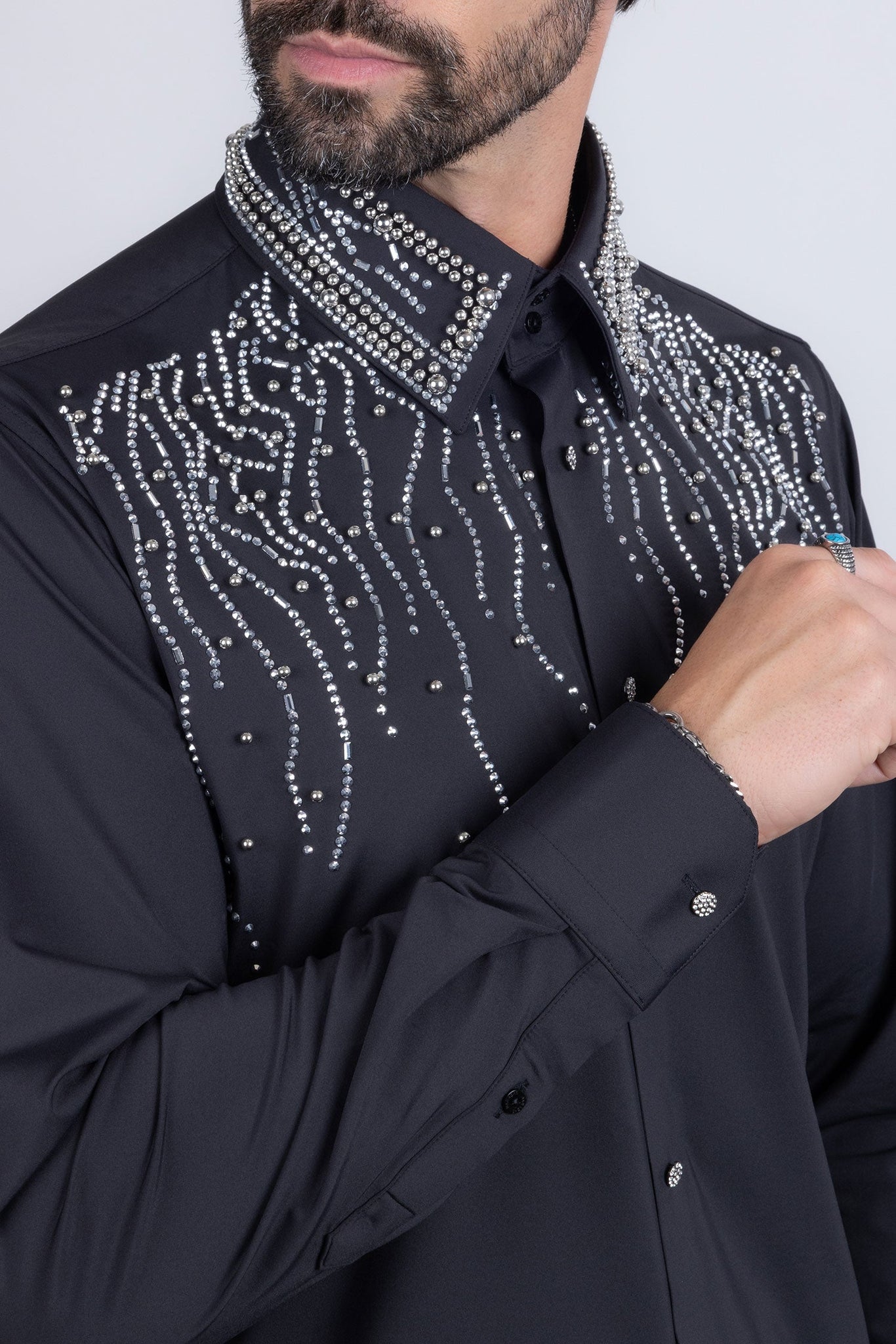 Barabas Wholesale Men's Rhinestones Geometric Stretch Long Sleeve Shirts 5BR03 Black Silver