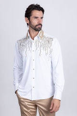 Barabas Wholesale Men's Rhinestones Geometric Stretch Long Sleeve Shirts 5BR03 White Gold