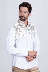 Barabas Wholesale Men's Rhinestones Geometric Stretch Long Sleeve Shirts 5BR03 White Gold