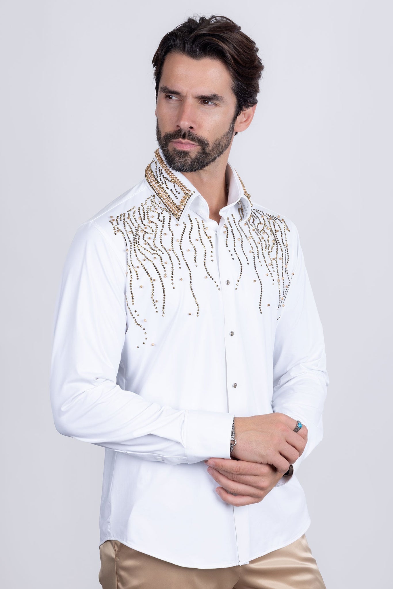 Barabas Wholesale Men's Rhinestones Geometric Stretch Long Sleeve Shirts 5BR03 White Gold