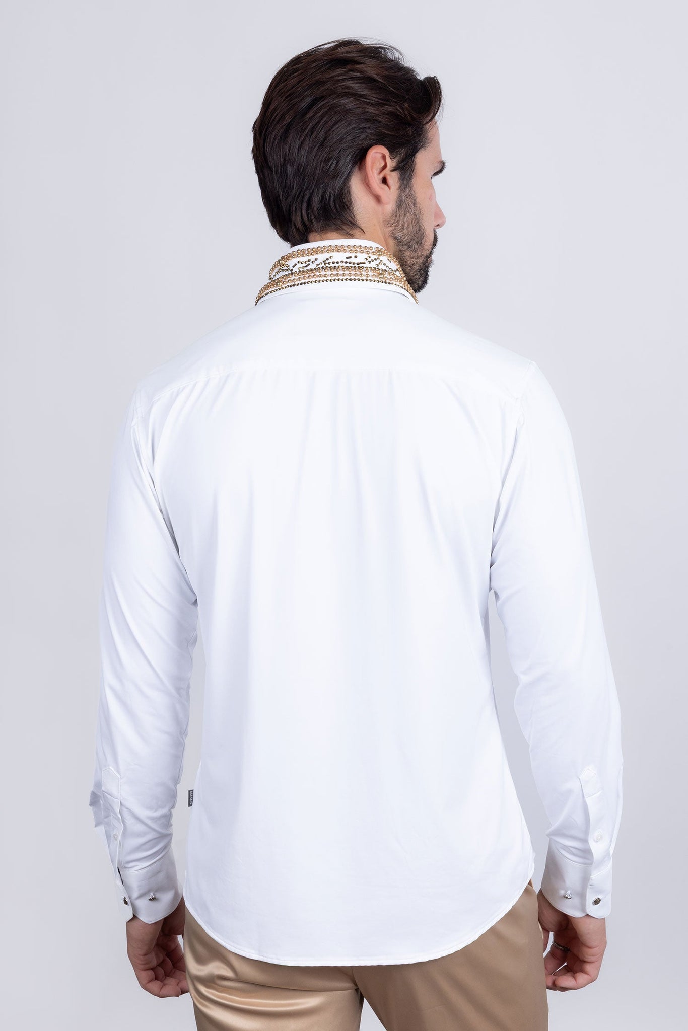 Barabas Wholesale Men's Rhinestones Geometric Stretch Long Sleeve Shirts 5BR03 White Gold